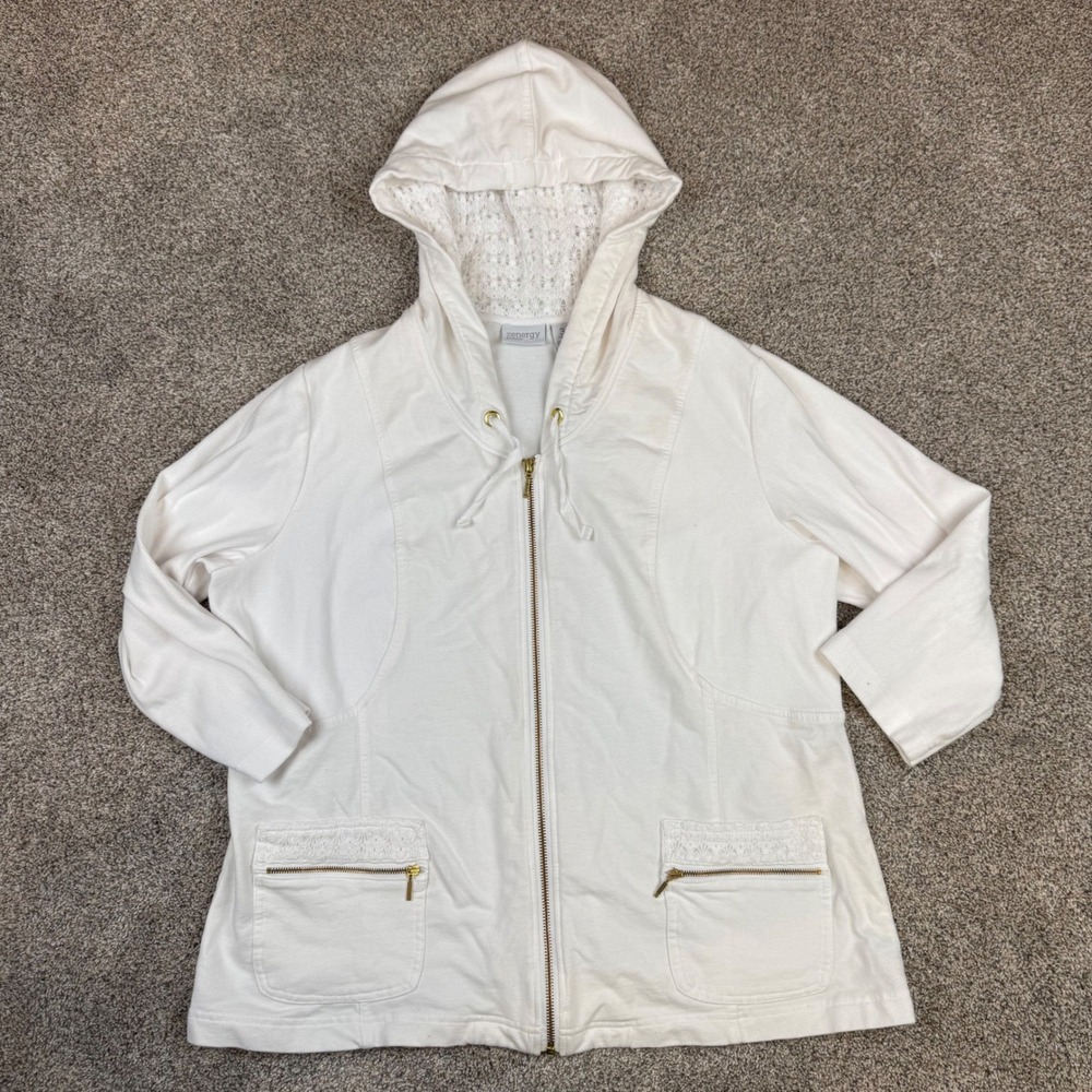 Zenergy by Chicos White Crochet Lace Trim Zip Up Hoodie Jacket Size 3 XL